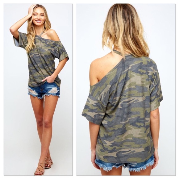 LAST 1 Camo Cutout Shoulder Top - Picture 3 of 3